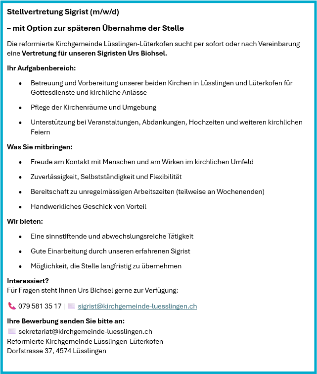 Stelleninserat Vertretung Sigrist/in